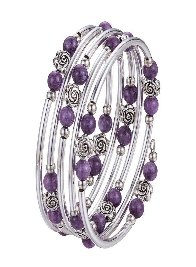 BULINLIN Wrap Bangle Rose Bead Bracelet - Beaded Bracelet with Natural Agate Stone Gifts For Women(01-Purple stone) - Image 2